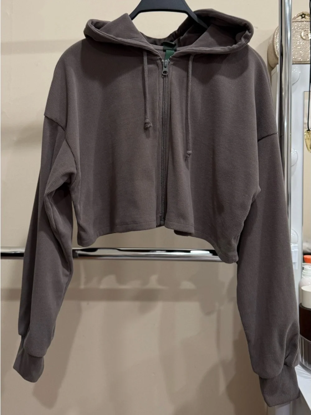 Wild Fable Cropped Zip-Up Hoodie Brown Ribbed Size M - Picture 1 of 5